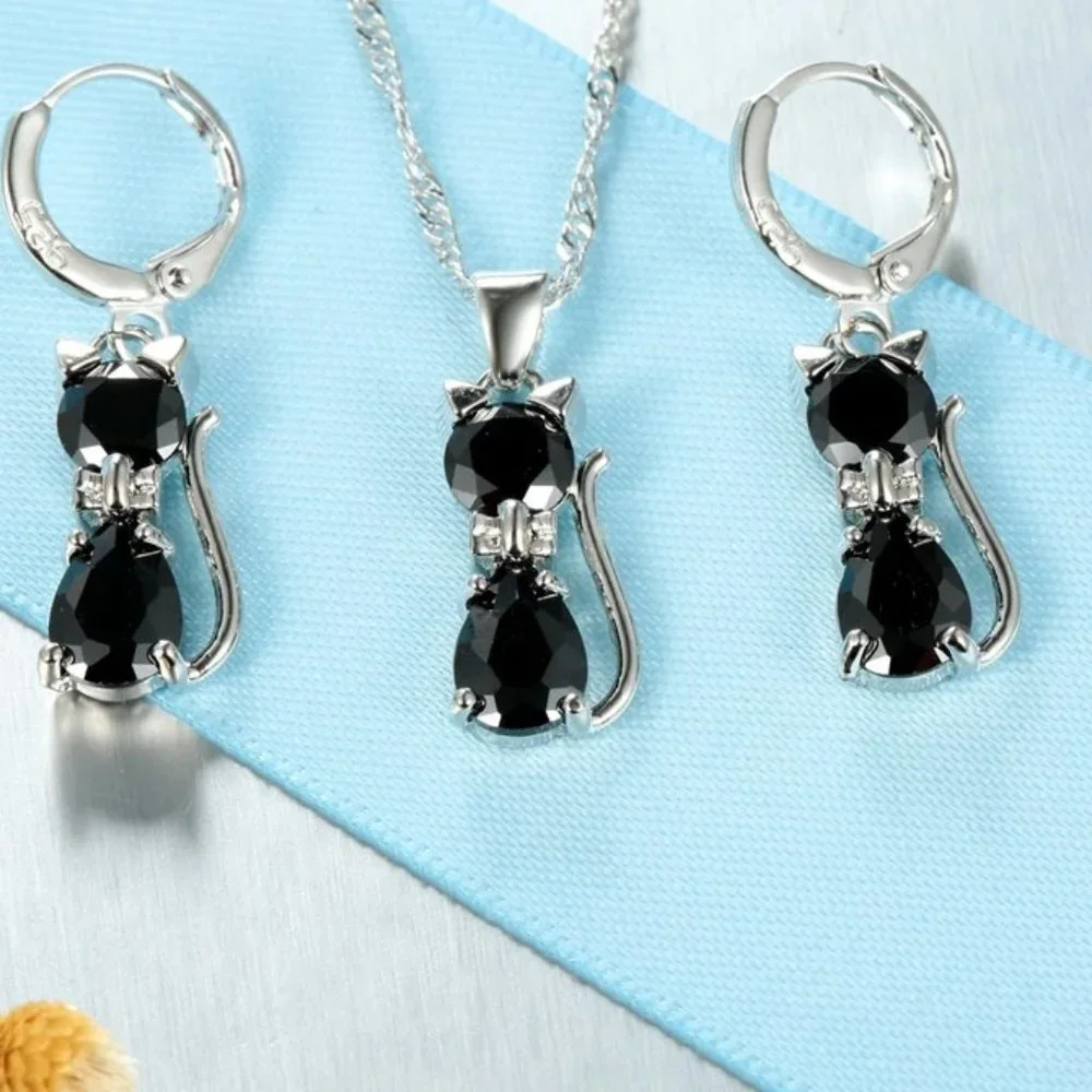 ⭐4pc Bundle Sale⭐ Black Diamond Kitty Pendant, Earrings &18